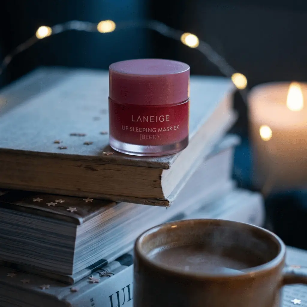 Laneige naktinė uogų lūpų kaukė estetiškoje aplinkoje