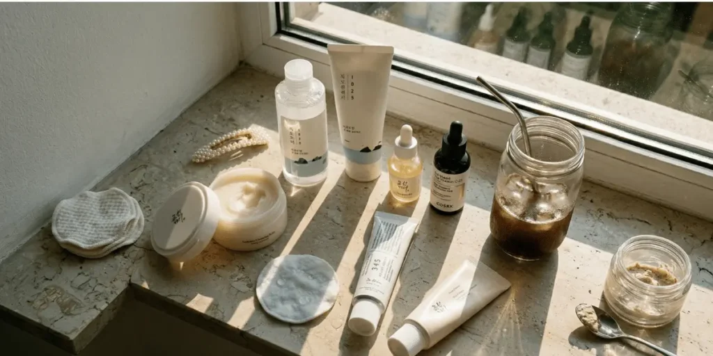 Pilnas 7 produktų veido priežiūros rinkinys, kurį sudaro prausikliai, tonikas, serumai ir SPF kremas, išdėlioti ant saulėtos palangės šalia kavos puodelio.