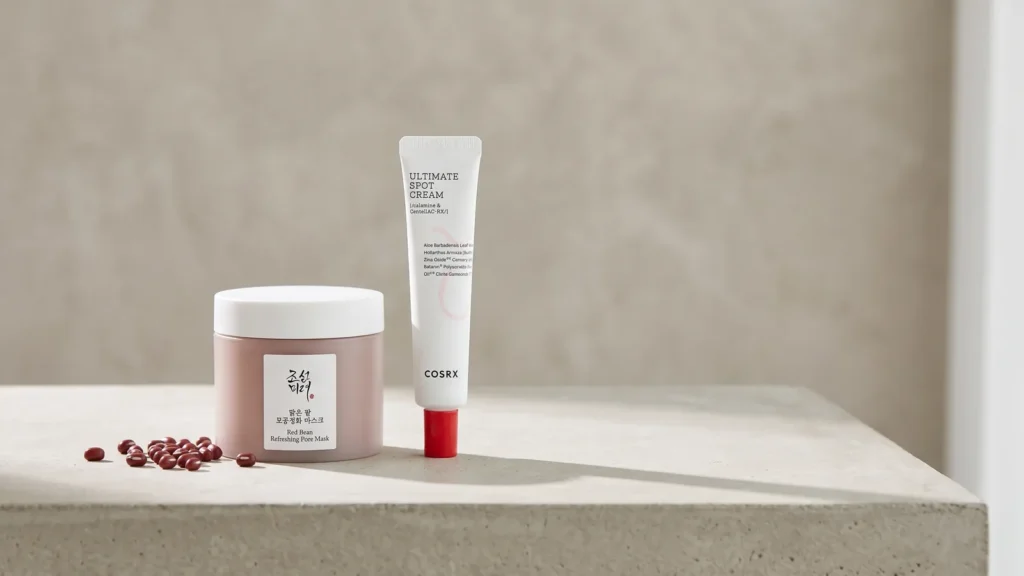 Beauty of Joseon Red Bean Refreshing Pore Mask molio kaukė ir COSRX AC Collection Ultimate Spot Taškinis Kremas Nuo Spuogų – Veido aliejai (korėjietiška kosmetika)