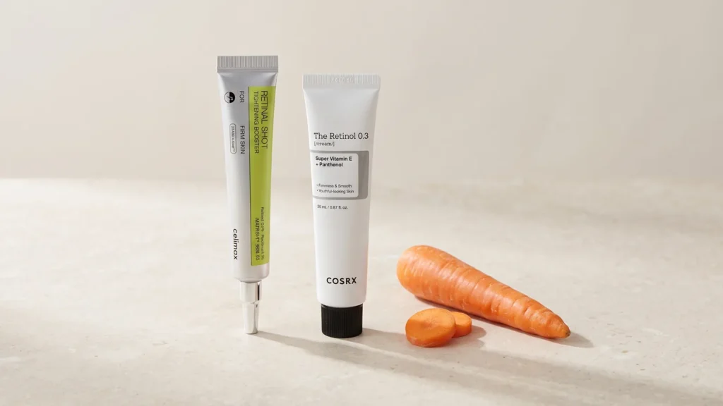 CELIMAX The Vita-A Retinal Shot Tightening Booster odos priežiūros priemonė ir COSRX The Retinol 0.3 Cream veido kremas – Išsamus gidas apie retinolį (korėjietiška kosmetika)
