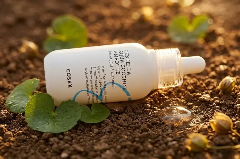 COSRX Hydrium Centella raminanti ampulė greitai nuramina lūpų pulsuojantį raudonį ir uždegimą po pūslelinės.