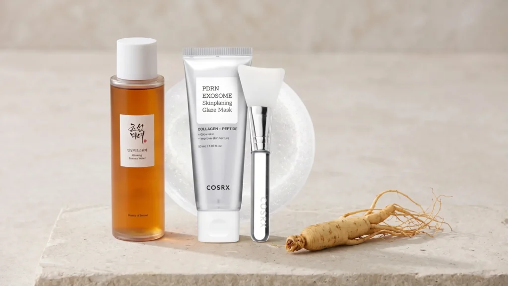 Beauty of Joseon Ginseng Essence Water tonizuojanti veido esencija ir COSRX PDRN EXOSOME Skinplaning Glaze Mask veido kaukė – Veido masažas namuose (korėjietiška kosmetika)