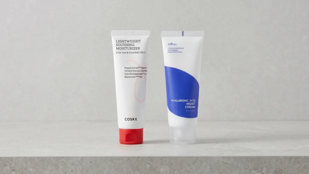 COSRX AC Collection Lightweight Lengvas Drėkinamasis Kremas ir Isntree Hyaluronic Acid Moist Cream drėkinantis veido kremas – Ideali odos rutina (korėjietiška kosmetika)