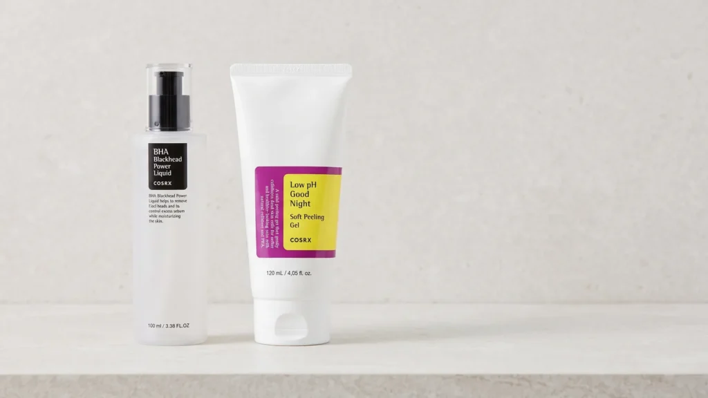 COSRX BHA Blackhead Power Liquid esencija nuo inkštirų ir COSRX Low pH Goodnight Soft Peeling Gel Šveičiamasis Gelis – Išsamus COSRX odos priežiūros vadovas (korėjietiška kosmetika)