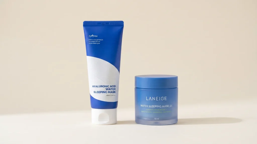 Isntree Hyaluronic Acid Water Sleeping Mask naktinė veido kaukė ir LANEIGE Water Sleeping Mask naktinė veido kaukė mini – Veido kaukės (korėjietiška kosmetika)