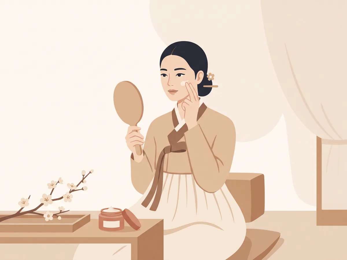 Iliustracija: moteris su hanbok tepasi kremą – Korėjietiškos kosmetikos dovanų rinkiniai