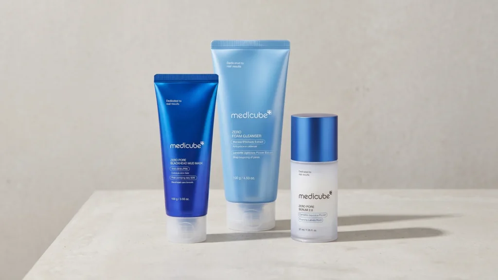 MEDICUBE Zero Pore Blackhead Mud Mask veido kaukė, MEDICUBE Zero Pore Serum 2.0 veido serumas ir Medicube Zero Foam Cleanser – putojantis veido prausiklis – Porų valymas namuose (korėjietiška kosmetika)