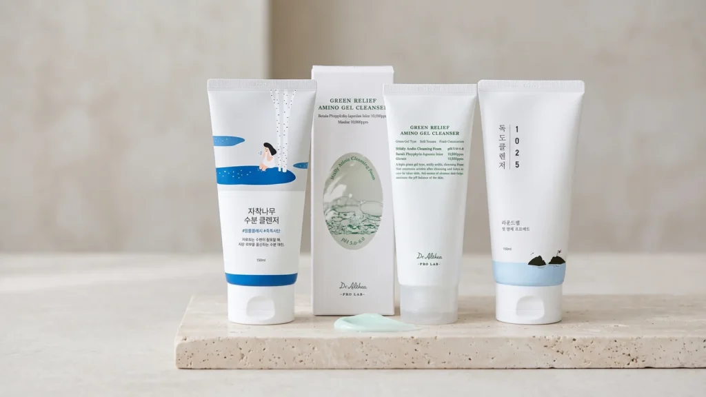 ROUND LAB Birch Juice Moisturizing Cleanser veido prausiklis, DR. ALTHEA Green Relief Amino Gel Cleanser veido prausiklis ir ROUND LAB 1025 Dokdo Cleanser veido prausiklis – Geriausi veido prausikliai jautriai odai (korėjietiška kosmetika)