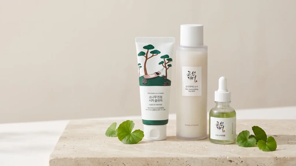 ROUND LAB Pine Calming Cica Cleanser veido prausiklis, BEAUTY OF JOSEON Glow Replenishing Rice Milk veido tonikas ir Beauty of Joseon Calming Serum Green tea + Panthenol raminamasis veido serumas – Veganiška korėjietiška kosmetika