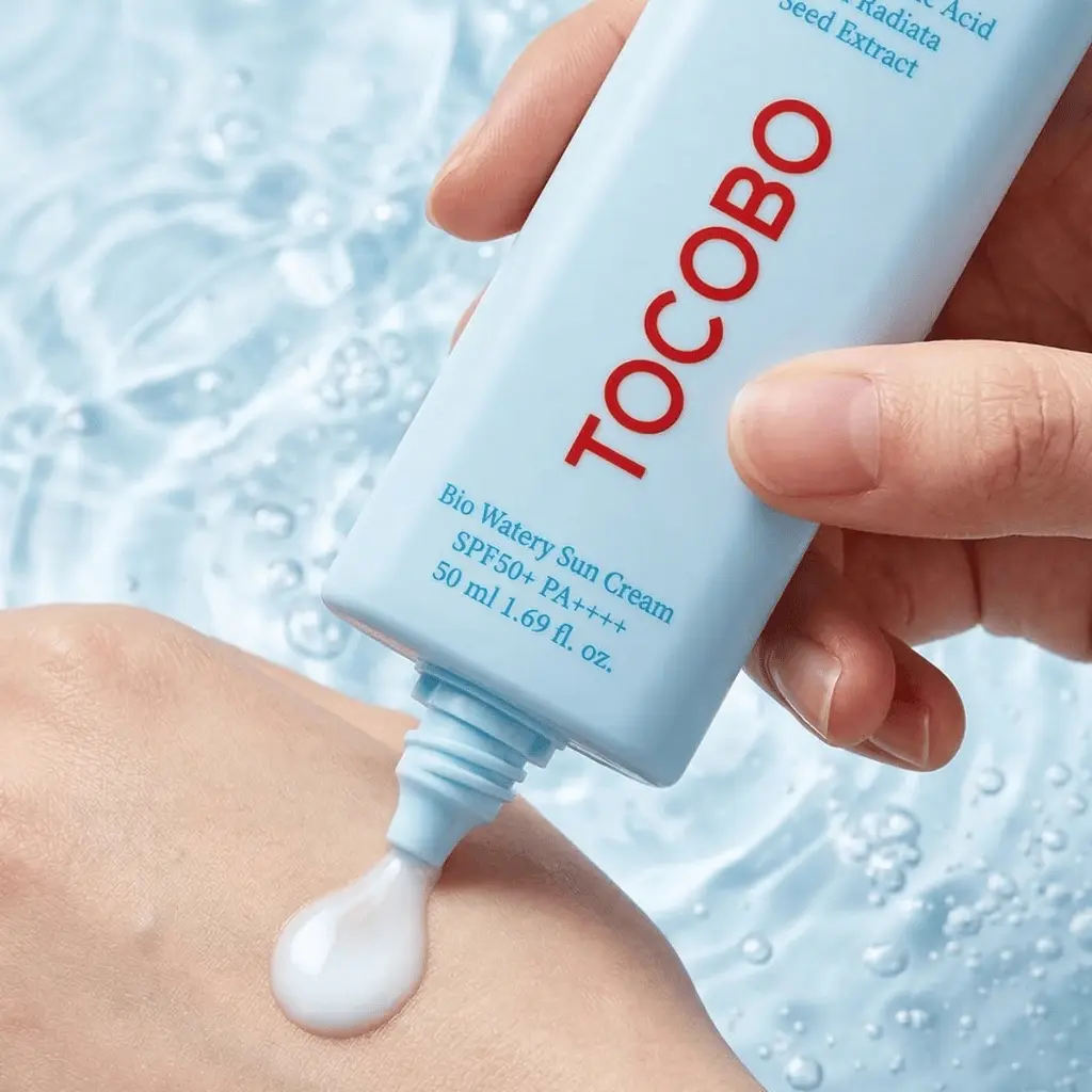 Tocobo Bio Watery Sun Cream lengva tekstūra ant odos