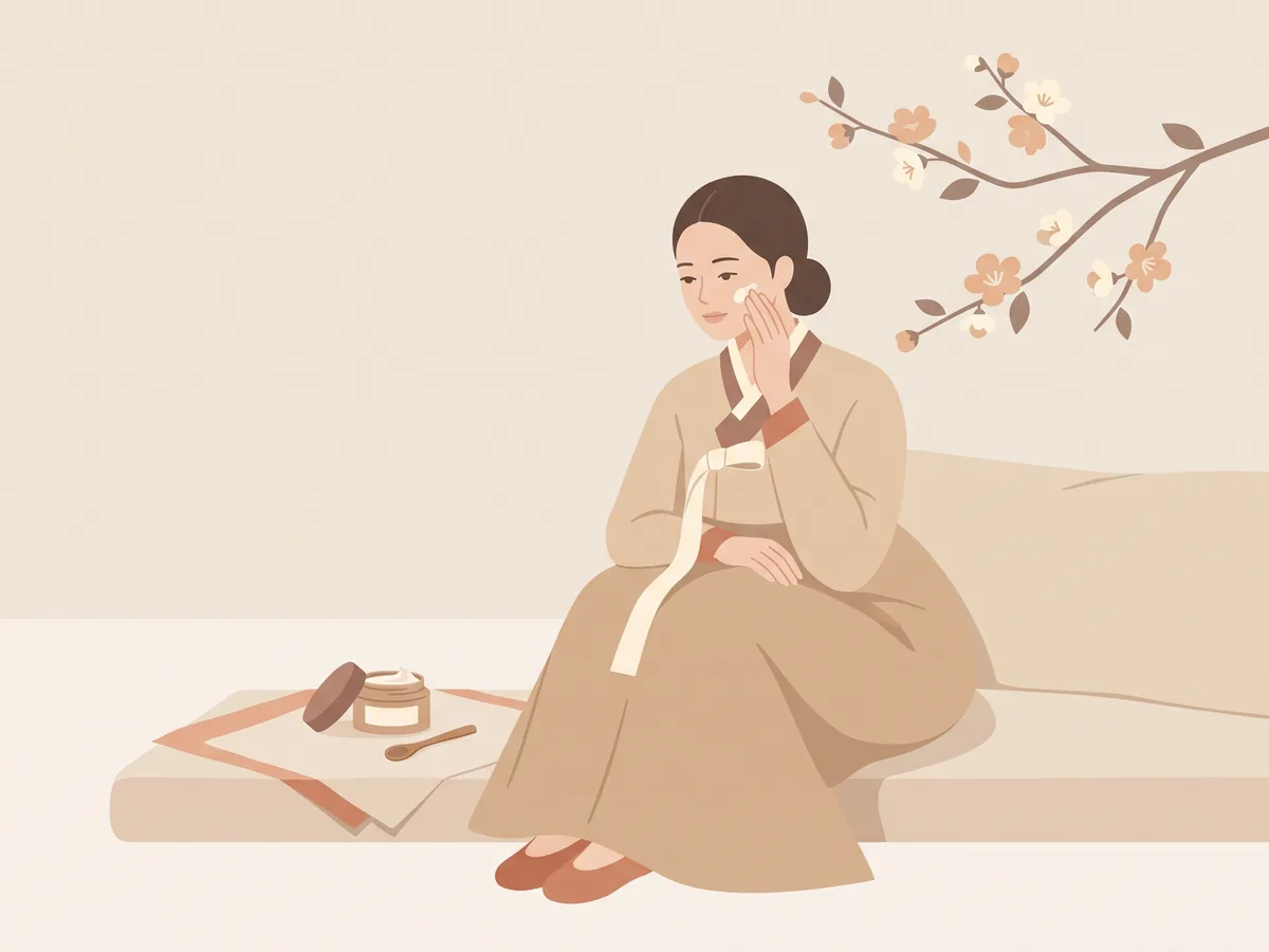 Iliustracija: moteris su hanbok tepasi kremą – Veido masažas namuose