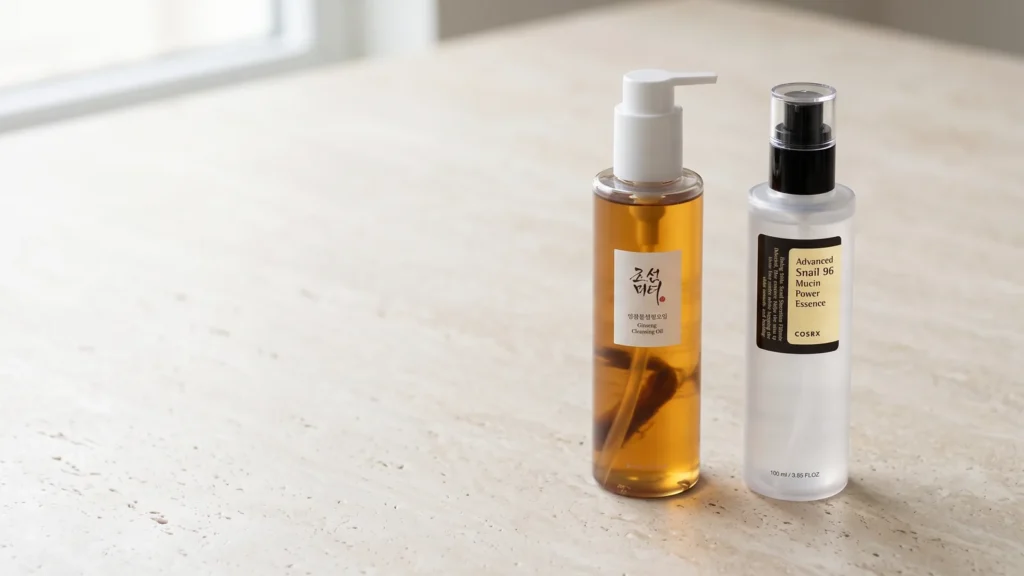 Beauty of Joseon Ginseng Cleansing Oil valomasis veido aliejus ir COSRX Advanced Snail 96 Mucin Power Essence veido esencija su sraigių mucinu – Kaip susikurti efektyvią veido priežiūros rutiną su korėjietiška kosmetika
