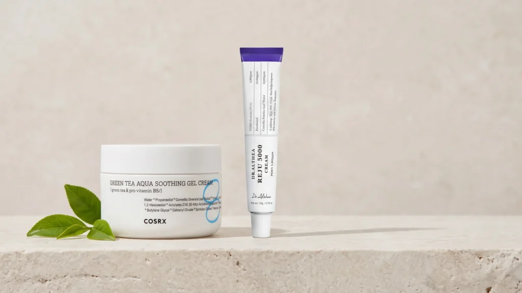 COSRX Hydrium Green Tea Aqua Soothing Gel Cream gelinis veido kremas ir DR. ALTHEA PDRN Reju 5000 Cream veido kremas – Rytietiškos odos priežiūros rutina (korėjietiška kosmetika)