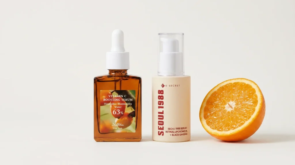 DR. ALTHEA Vitamin C Boosting Serum veido serumas ir KSECRET SEOUL 1988 Serum : Retinal Liposome 2% + Black Ginseng veido serumas – Ryžių ekstraktas odai (korėjietiška kosmetika)