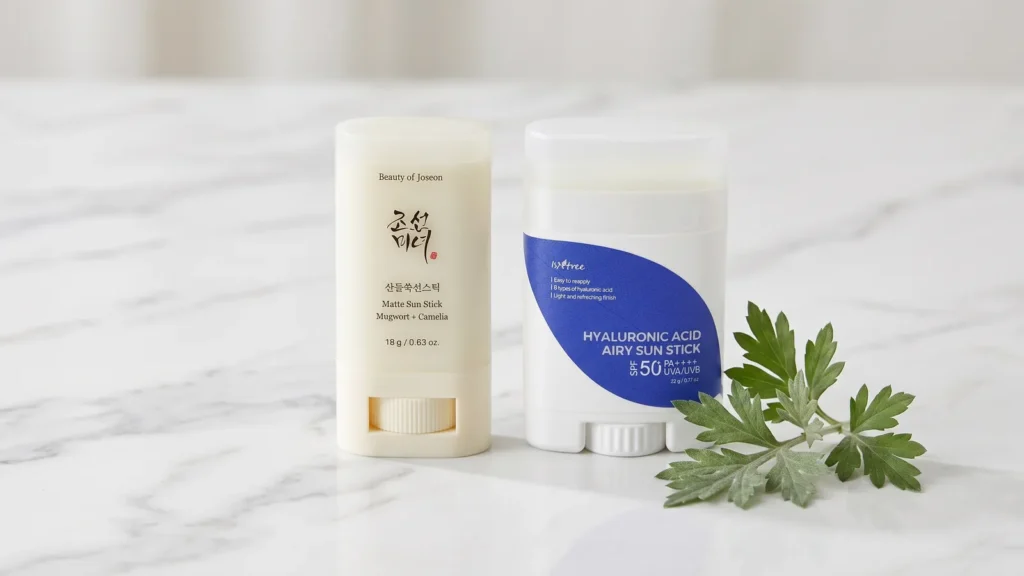 Beauty of Joseon Matte Sun Stick Mugwort + Camelia SPF50+ pieštukinė apsauga nuo saulės ir Isntree Hyaluronic Acid Airy Sun Stick SPF 50 pieštukinė apsauga nuo saulės – Vyrų odos priežiūra (korėjietiška kosmetika)