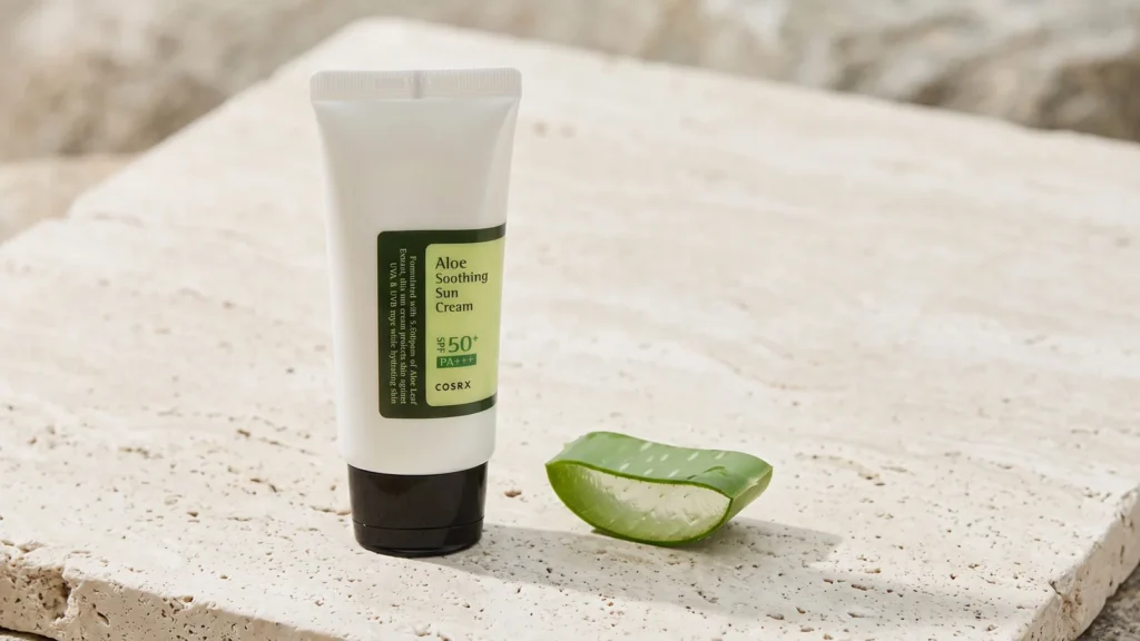 COSRX Aloe Soothing Sun Cream SPF50+ PA+++ apsauginis kremas nuo saulės – Odos priežiūra rudenį (korėjietiška kosmetika)