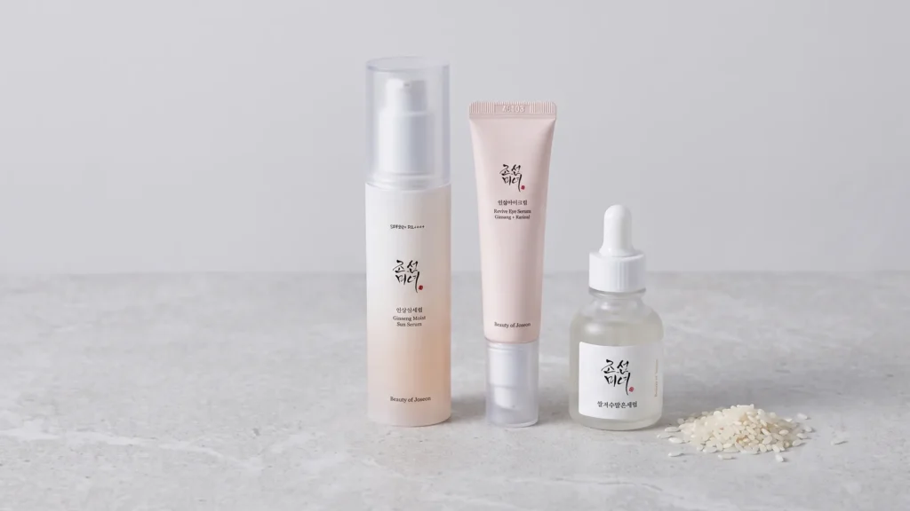Beauty of Joseon Glow Deep Serum Rice + Alpha Arbutin veido serumas, Beauty of Joseon Revive Eye Serum Ginseng + Retinal paakių serumas ir Beauty Of Joseon Ginseng Moist Sun Serum SPF50+ apsauga nuo saulės – Geriausios drėkinančių serumų rūšys (korėjietiška kosmetika)