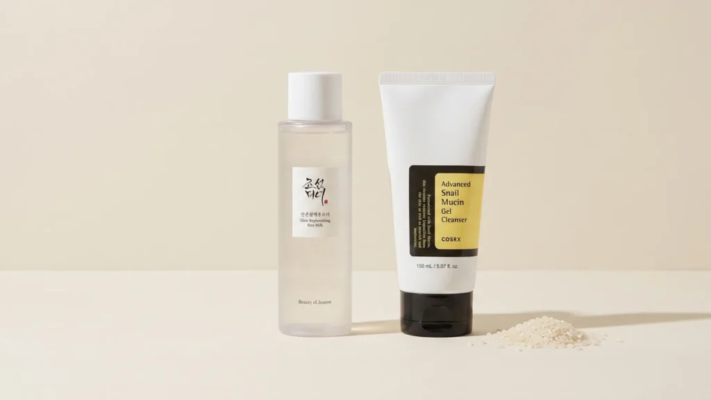 BEAUTY OF JOSEON Glow Replenishing Rice Milk veido tonikas ir COSRX Advanced Snail Mucin Gel Cleanser veido prausiklis – Rutina sausai dehidratuotai odai (korėjietiška kosmetika)