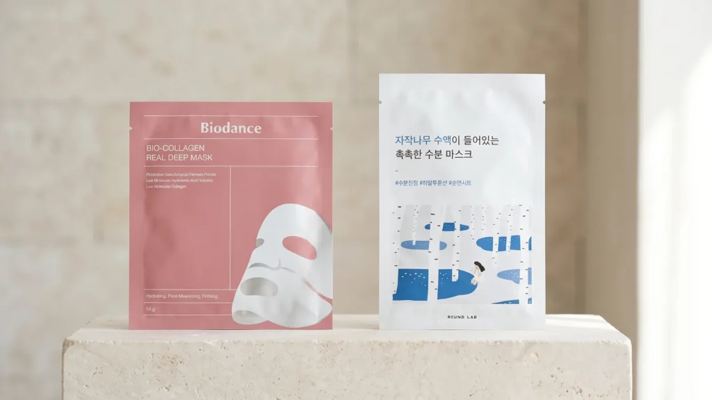 BIODANCE Bio-Collagen Real Deep Mask veido kaukė ir ROUND LAB Birch Juice Moisturizing Mask lakštinė veido kaukė – Kaukės jautriai odai pirkti (korėjietiška kosmetika)