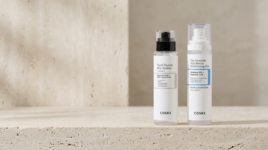 COSRX The 6 Peptide Skin Booster veido serumas ir COSRX The Skin Barrier Moisturizing Mist veido dulksna – Natūralūs produktai jautriai odai (korėjietiška kosmetika)