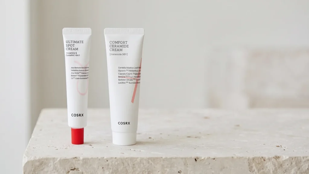 COSRX AC Collection Ultimate Spot Taškinis Kremas Nuo Spuogų ir COSRX Balancium Comfort Ceramide Cream veido kremas – Kaip išsirinkti korėjietišką kosmetiką