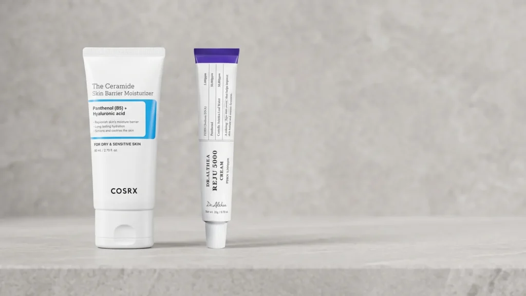 COSRX The Ceramide Skin Barrier Moisturizer veido kremas ir DR. ALTHEA PDRN Reju 5000 Cream veido kremas – Dehidratuotos odos rutina žiemos metu (korėjietiška kosmetika)