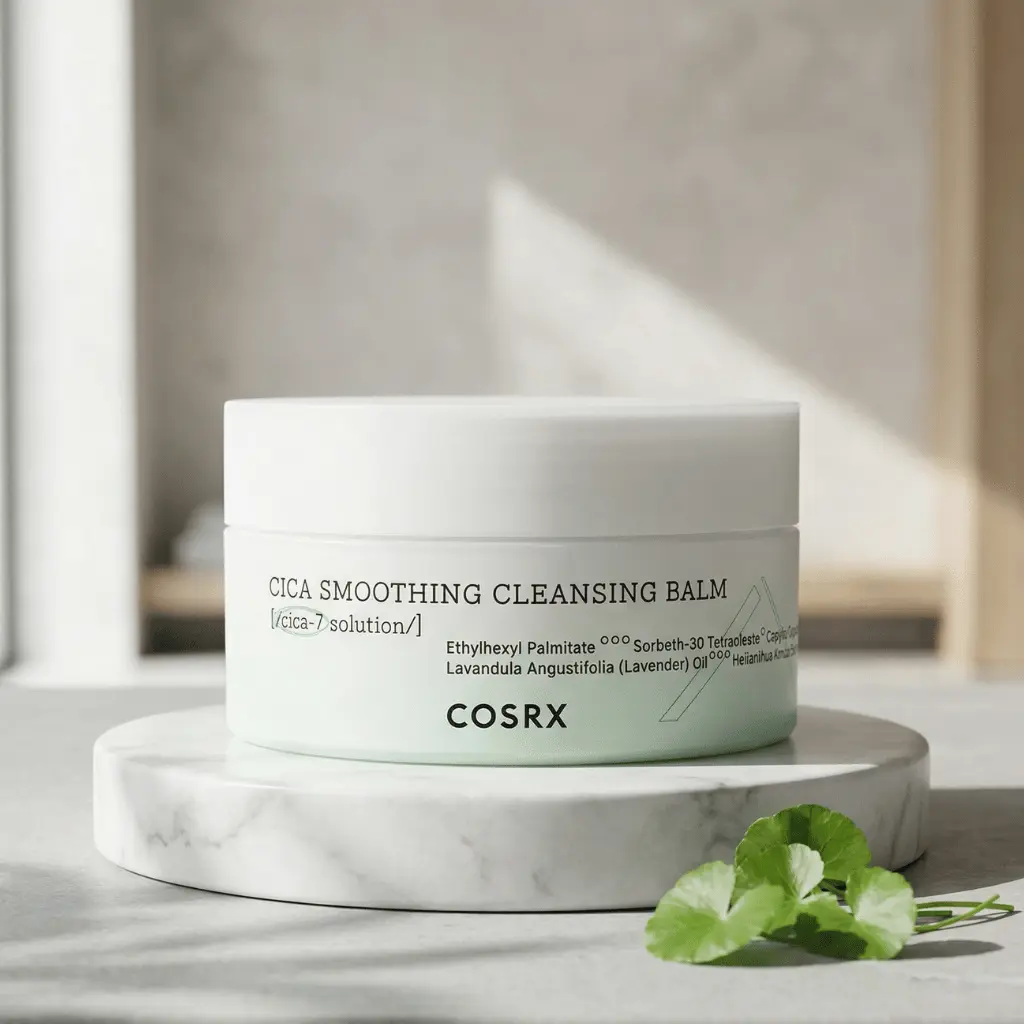 COSRX Pure Fit Cica valomasis balzamas minimalistinėje aplinkoje