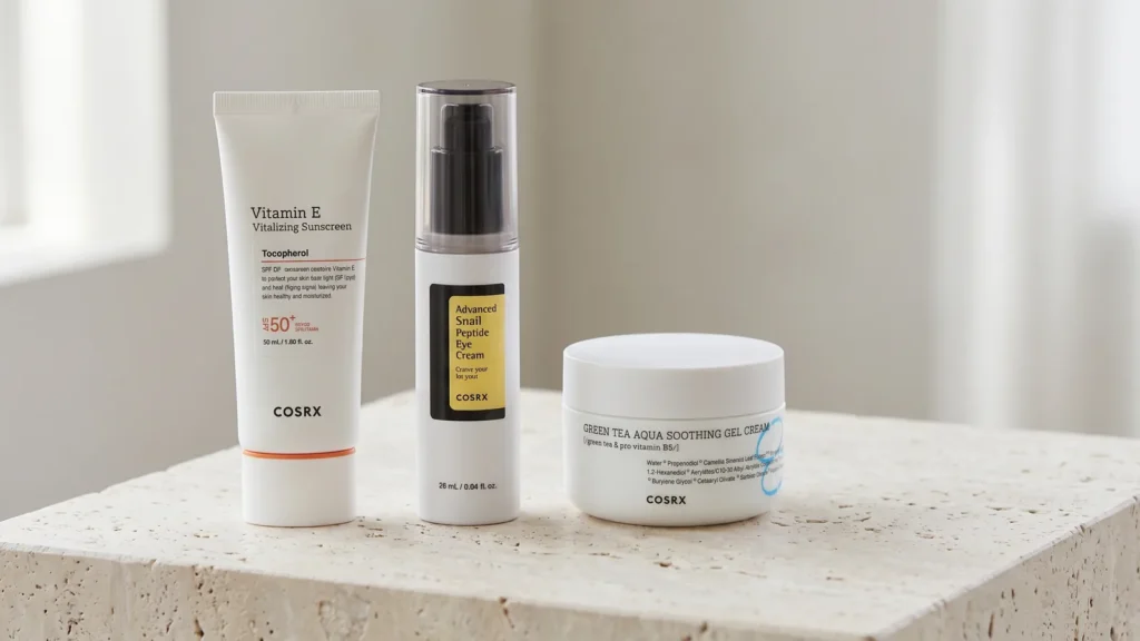COSRX Vitamin E Vitalizing Sunscreen SPF 50+ apsauginis kremas nuo saulės, COSRX Advanced Snail Peptide Eye Cream Paakių Kremas ir COSRX Hydrium Green Tea Aqua Soothing Gel Cream gelinis veido kremas – Veido kremas su antioksidantais (korėjietiška kosmetika)