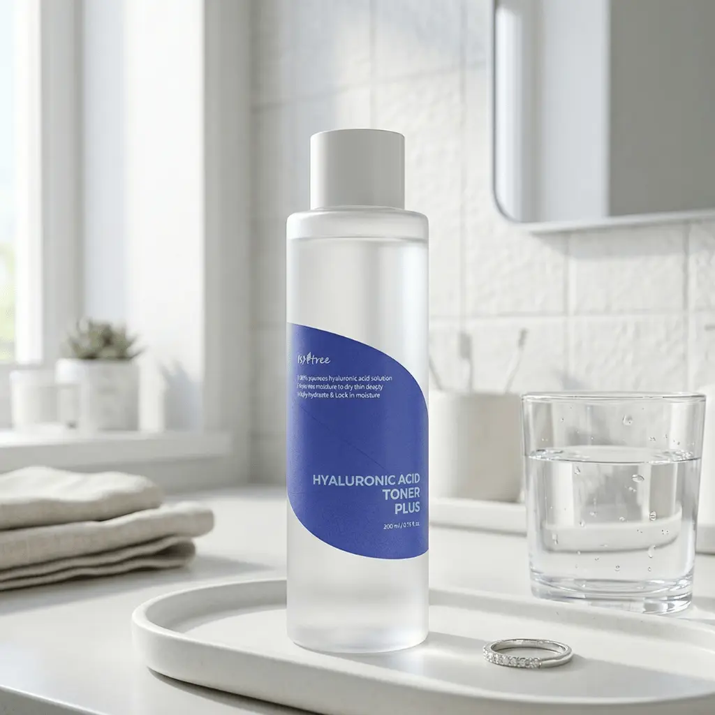 Isntree Hyaluronic Acid Toner Plus veido tonikas ant vonios padėkliuko