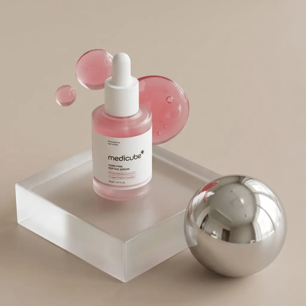 Medicube PDRN Pink Peptide Serum modernus serumas šviesiame interjere