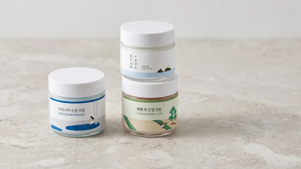 ROUND LAB Birch Juice Moisturizing Cream veido kremas, ROUND LAB Mugwort Calming Cream veido kremas ir ROUND LAB 1025 Dokdo Cream veido kremas – Geriausi kremų ingredientai nuo odos paraudimo (korėjietiška kosmetika)