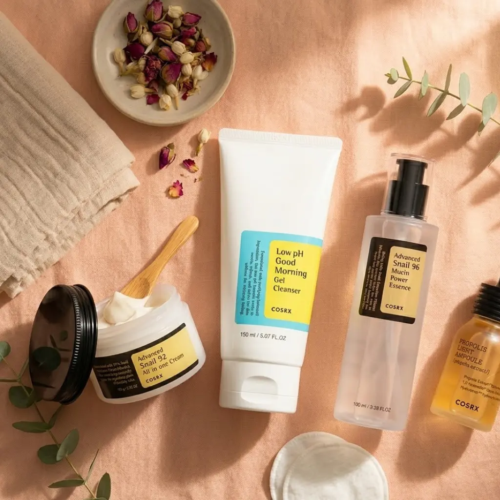 Pilna COSRX veido priežiūros rutina: prausiklis, propolio serumas ir sraigių mucino kremai