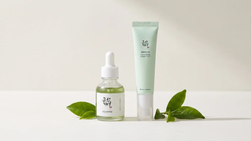 Beauty of Joseon Calming Serum Green tea + Panthenol raminamasis veido serumas ir Beauty of Joseon Light On Serum Centella + Vita C veido serumas – Korėjietiška veido priežiūra