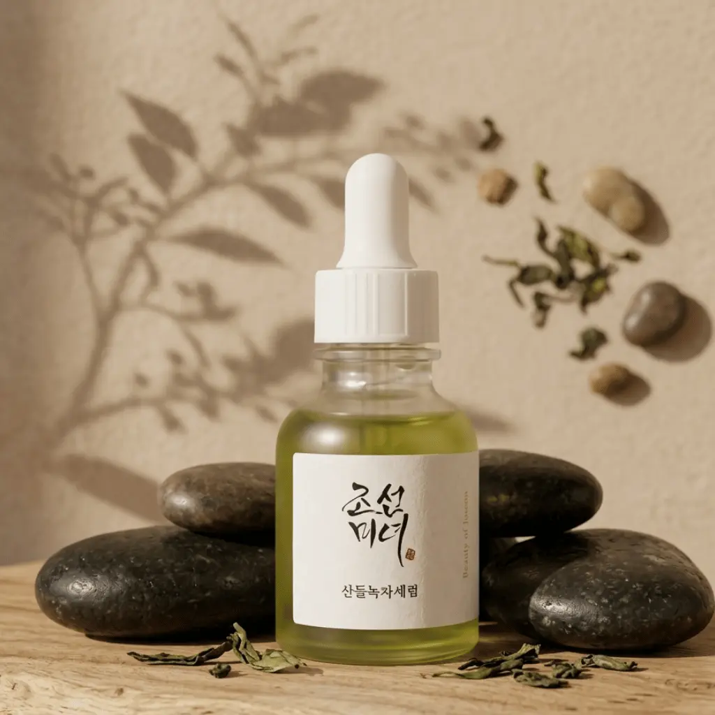 Beauty of Joseon Calming Serum Green tea + Phanthenol raminamasis veido serumas natūralioje aplinkoje