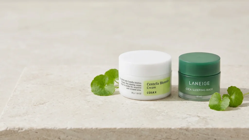 COSRX Centella Blemish Cream probleminės odos veido kremas ir LANEIGE Cica Sleeping Mask naktinė veido kaukė – Kaip sumažinti paraudimą su Cica kremu (korėjietiška kosmetika)