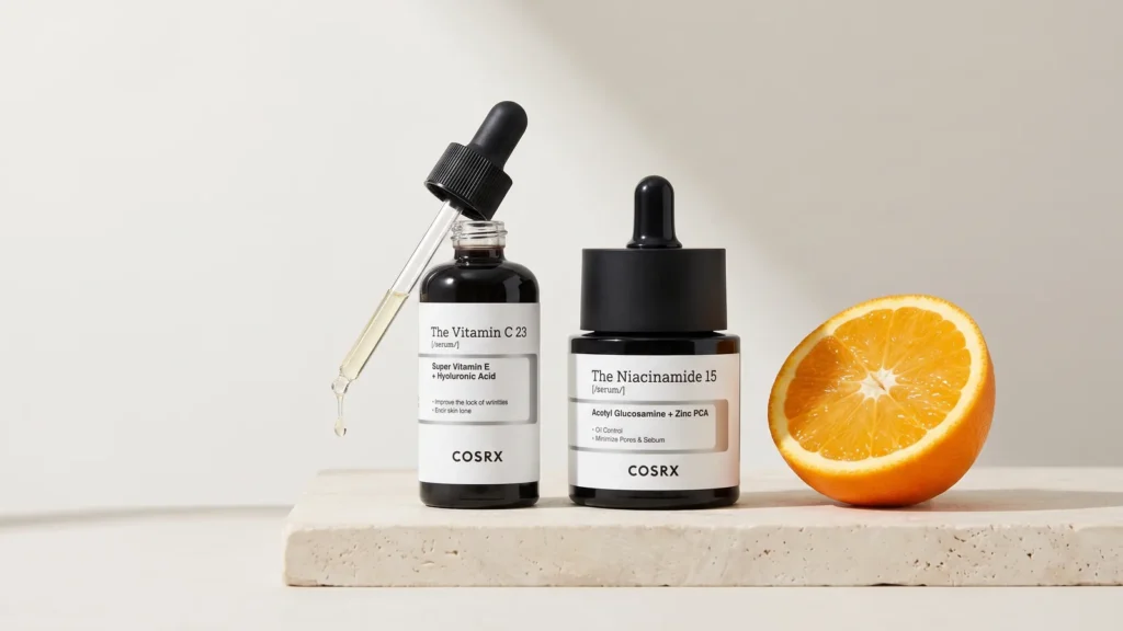 COSRX The Vitamin C 23 Serum veido serumas su vitaminu C ir COSRX The Niacinamide 15 Serum niacinamido serumas – Ar galima naudoti niacinamidą su vitaminu C (korėjietiška kosmetika)