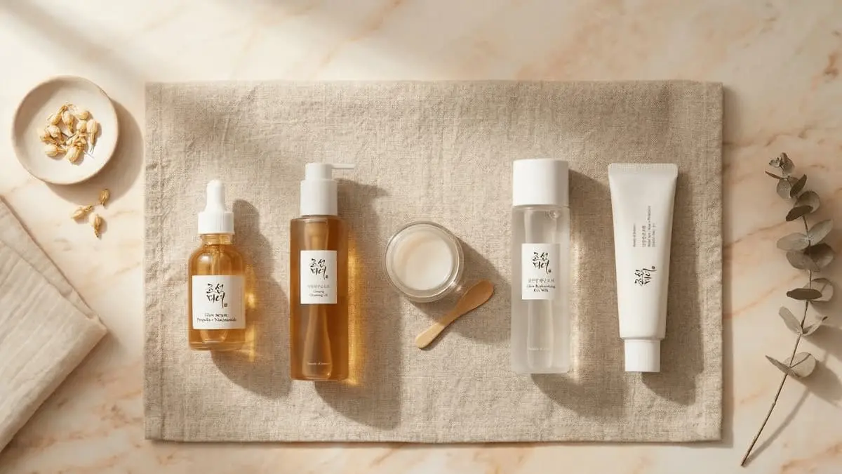 Estetiškas korėjietiškos kosmetikos rinkinys: prausiklis, tonikas ir serumas kasdienei veido priežiūrai