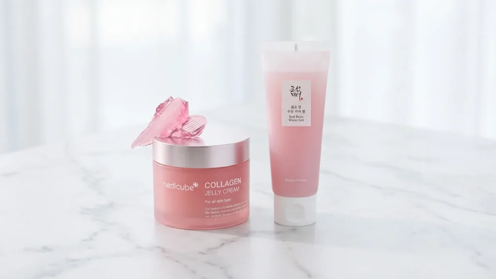 MEDICUBE Collagen Jelly Cream veido kremas ir Beauty of Joseon Red Bean Water Gel gelinis veido kremas – Jautrios odos rutina be kvapiklių (korėjietiška kosmetika)