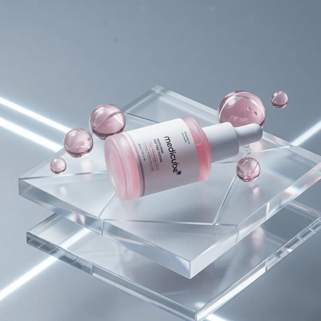 Medicube PDRN Pink Peptide Serum modernus serumas minimalistinėje studijoje