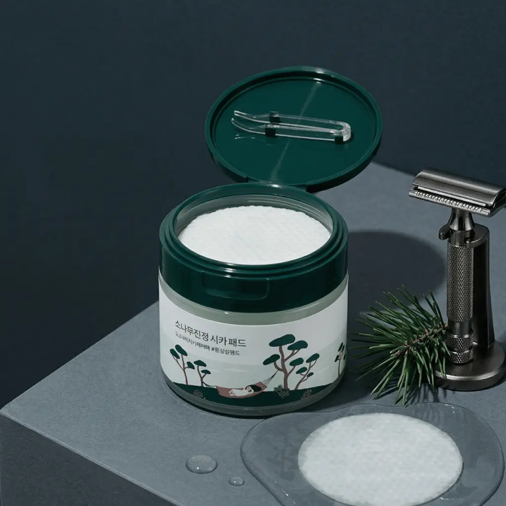 ROUND LAB Pine Calming Cica Pad veido padeliai vyrams po skutimosi