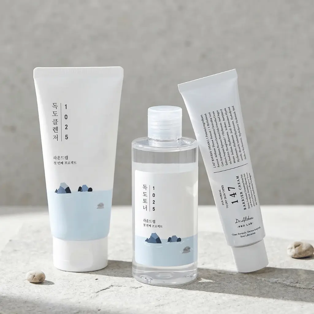 Pilnas veido priežiūros rinkinys: prausiklis, tonikas, serumas ir kremas