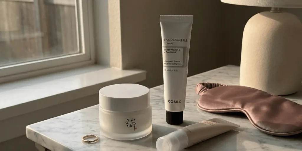 Beauty of Joseon Revive paakių serumas su žensenio ekstraktu ir retinaliu ant naktinio staliuko jaukioje vakaro šviesoje.