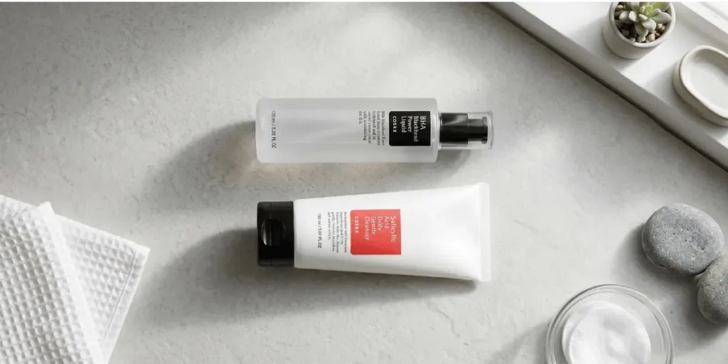 COSRX BHA Blackhead Power Liquid skystis ir salicilo rūgšties prausiklis – efektyvi korėjietiška veido porų valymo rutina.