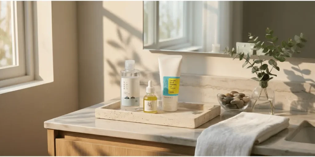 3 korėjietiškų produktų rinkinys ant padėklo saulėtame vonios kambaryje šalia eukalipto šakos ir lininio rankšluosčio.