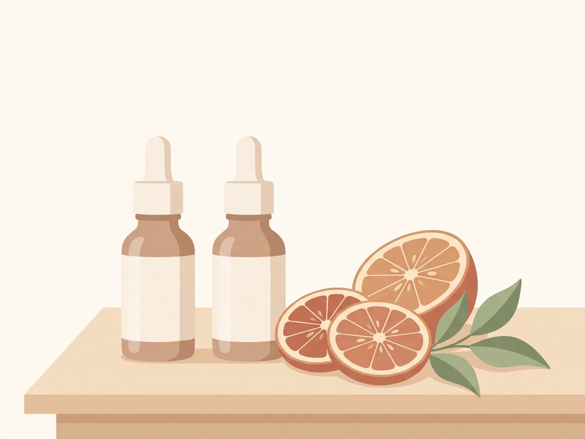 Iliustracija: du serumo buteliukai ir citrusas – Niacinamidas ar vitaminas C: kurį rinktis ir ar galima derinti
