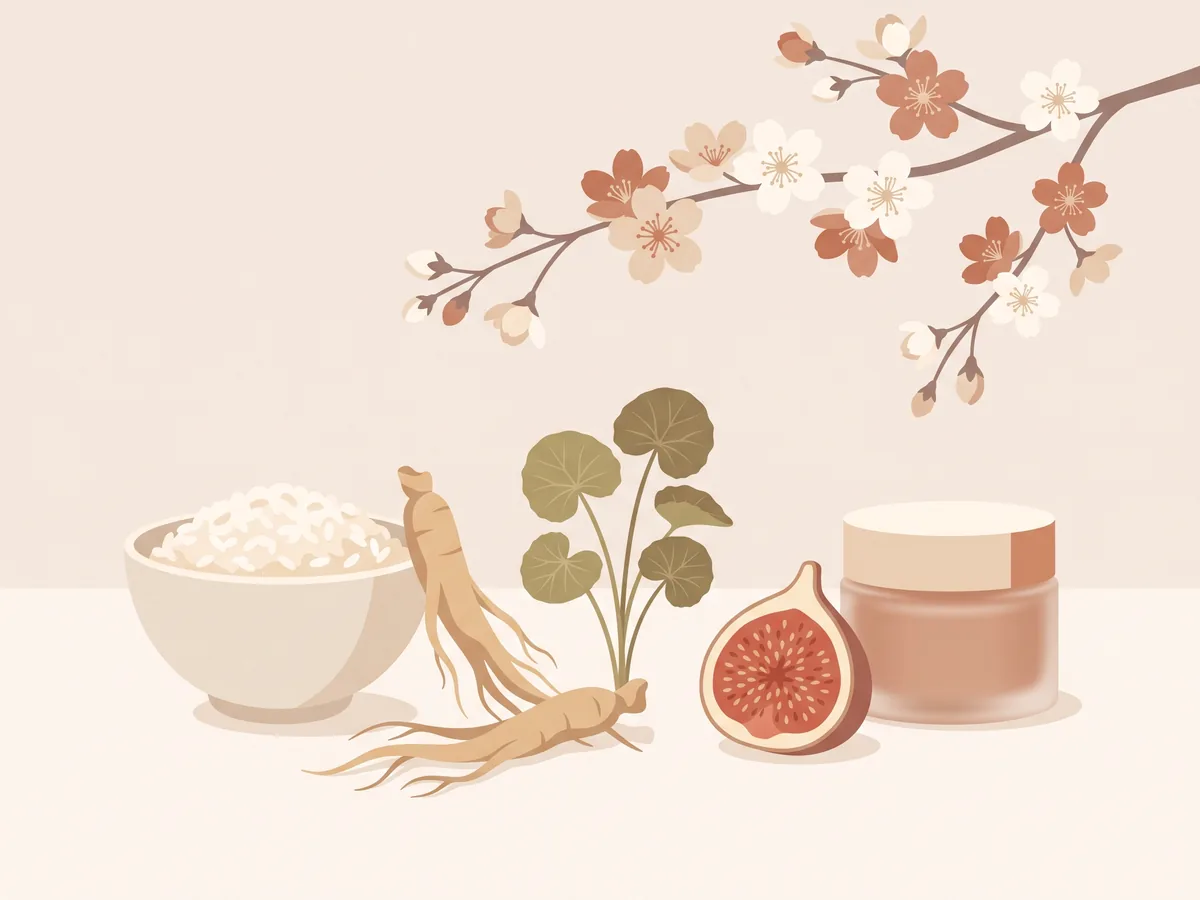 Iliustracija: ingredientų natiurmortas ant stalo – Niacinamidas ar vitaminas C: kurį rinktis ir ar galima derinti