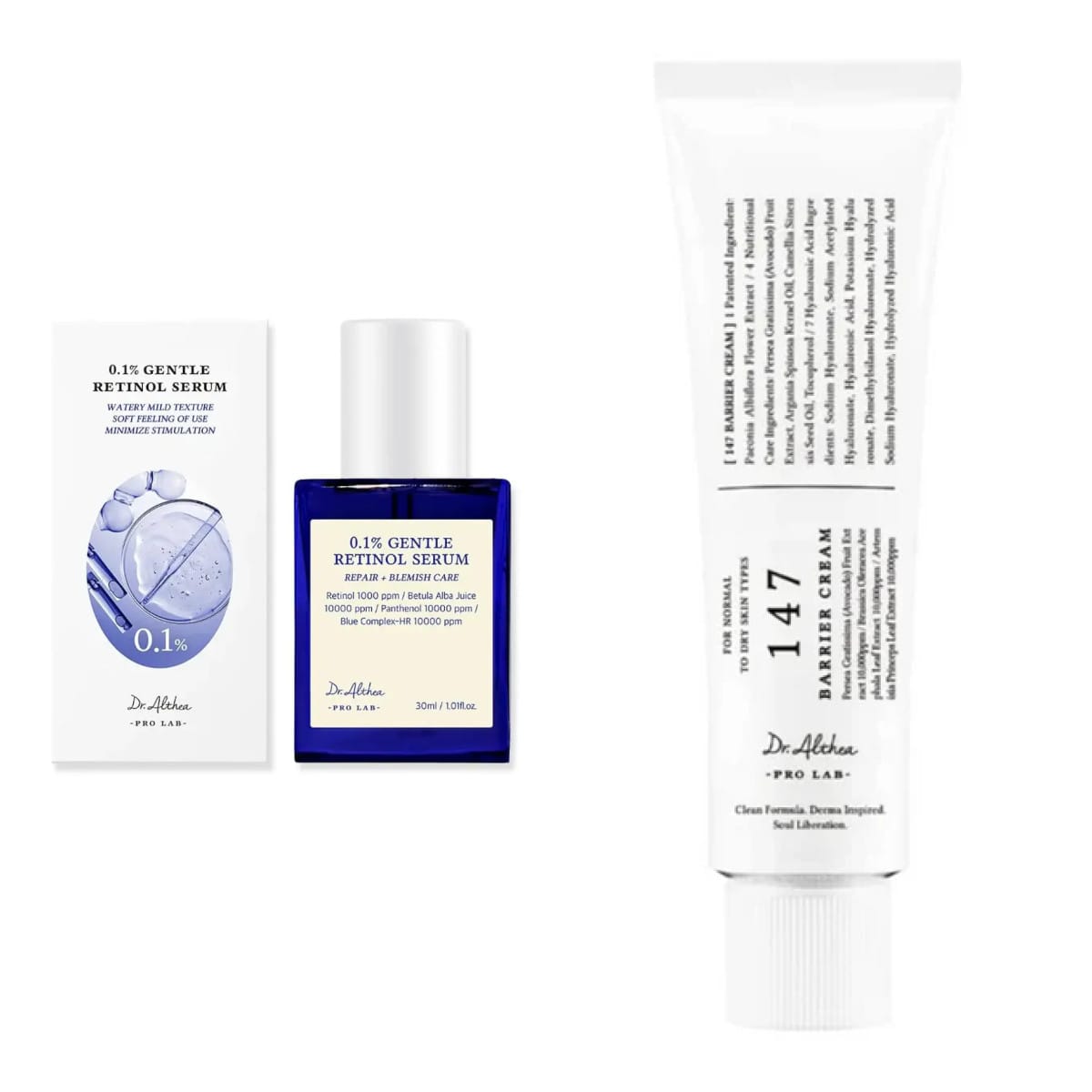 Retinolio starterio rinkinys: Dr. Althea 0,1 % retinolio serumas ir 147 Barrier Cream